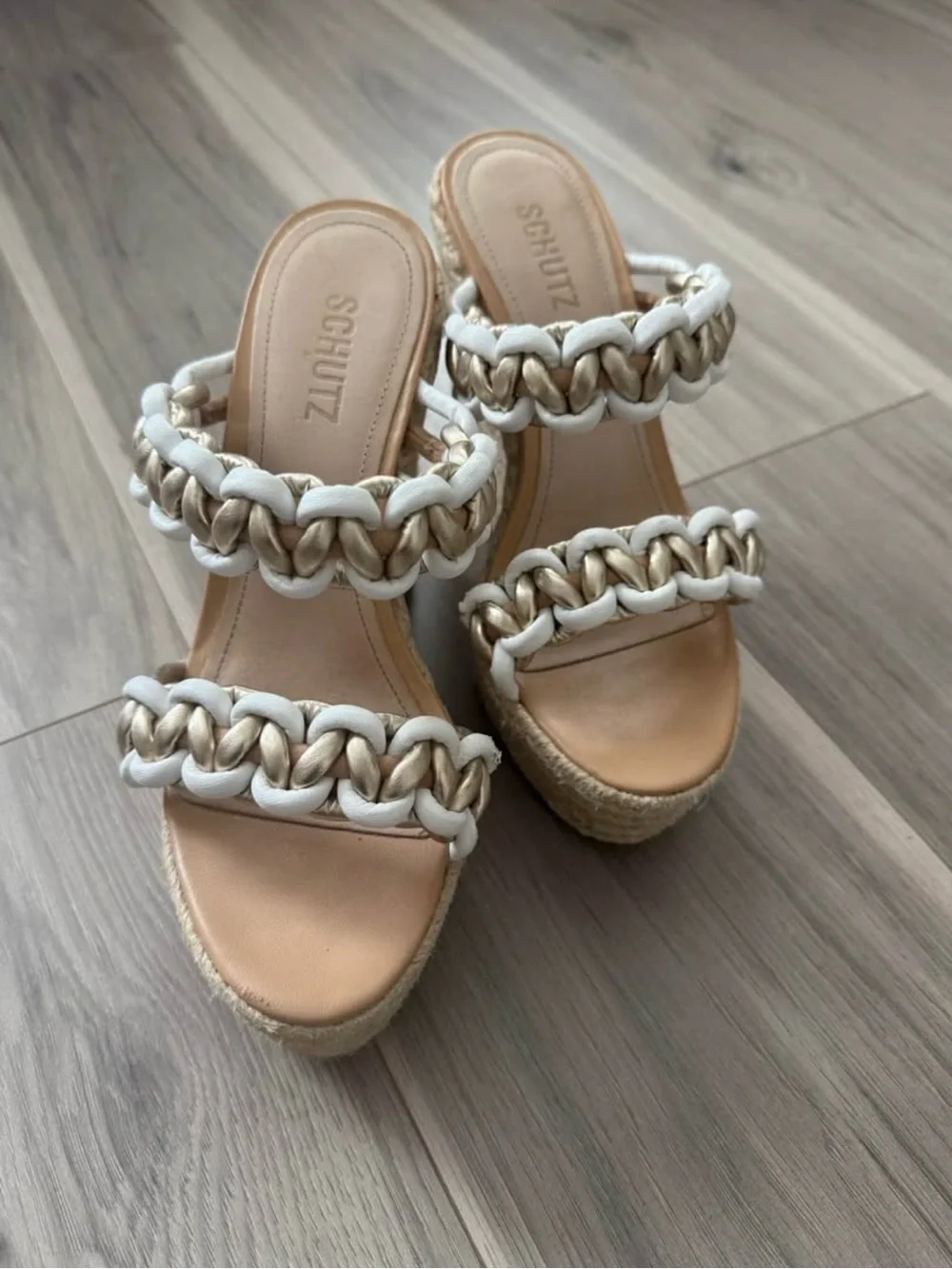 SCHUTZ White and Gold Braided Espadrille Wedge Sandals